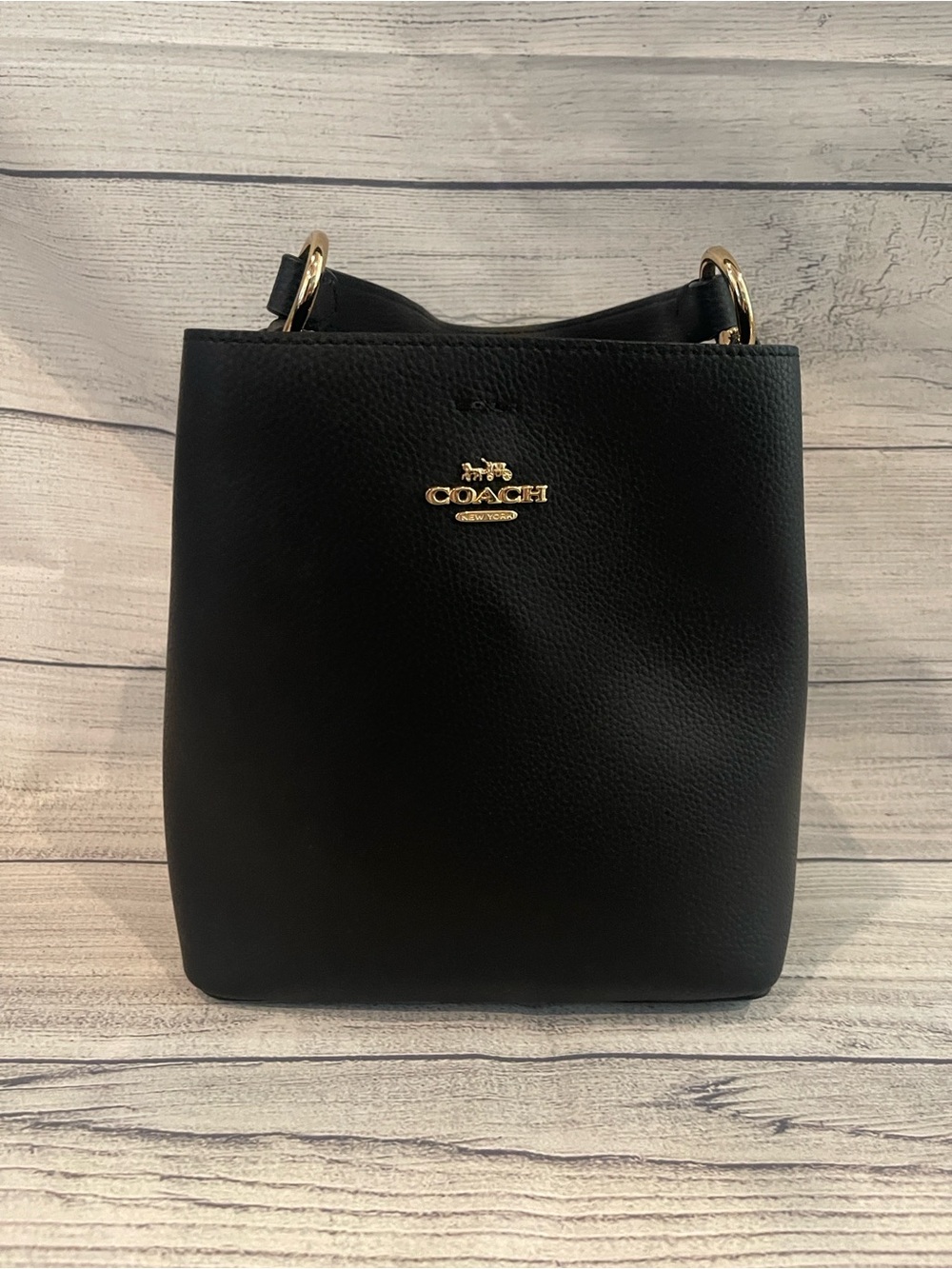 Coach Black Leather Bucket Bag with Gold-Tone Logo